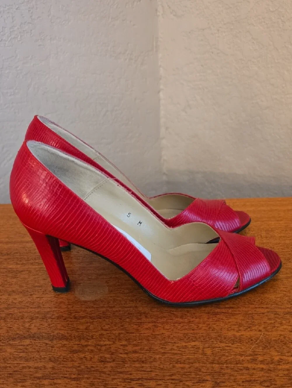 Etienne Aigner Red Peep-Toe Leather Heels